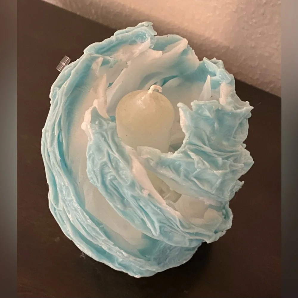 Teal White Textured Decorative Candle Sculptural Coastal Accent Decor